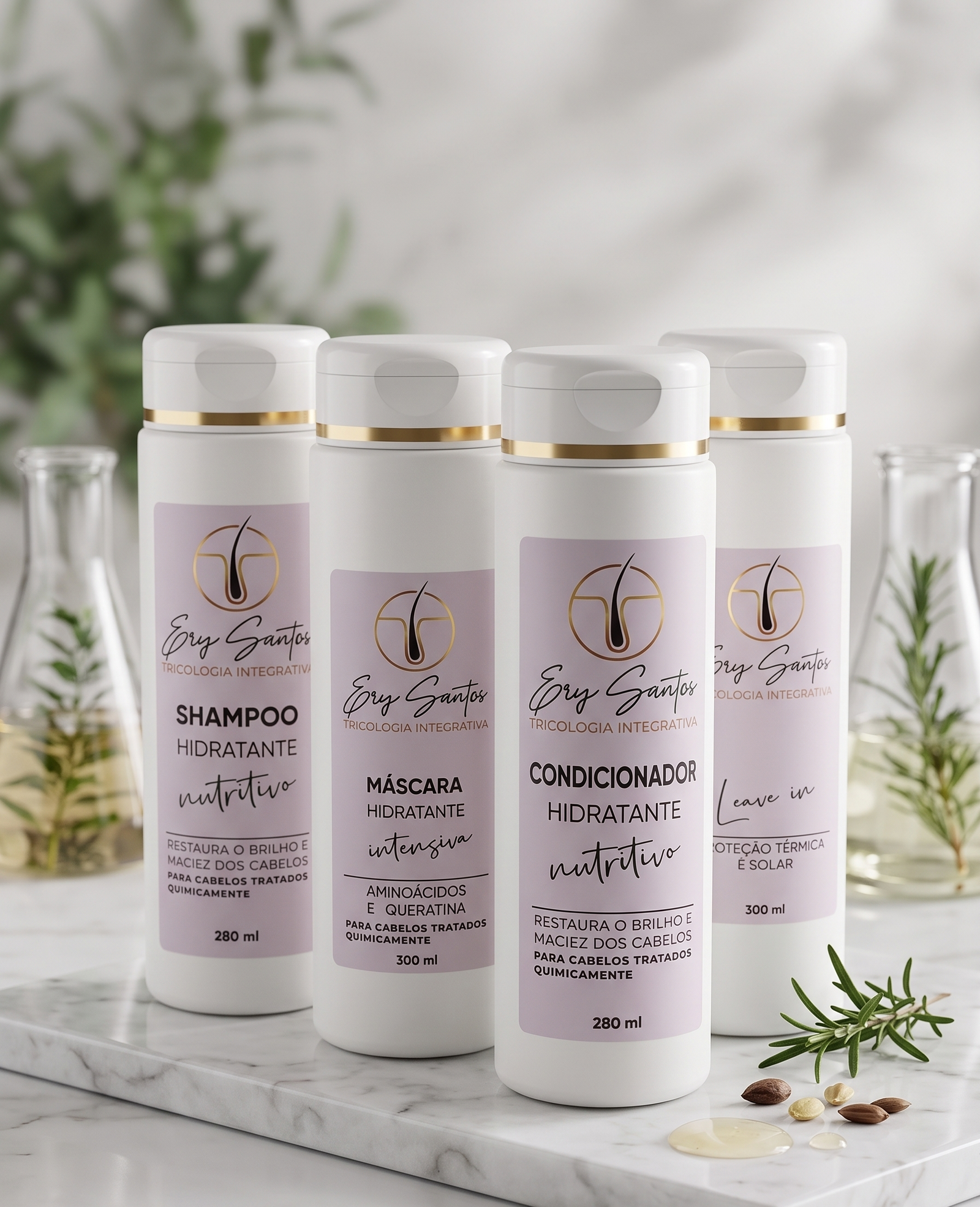 Linha completa de produtos capilares Ery Santos: Shampoo, Máscara, Condicionador e Leave-in